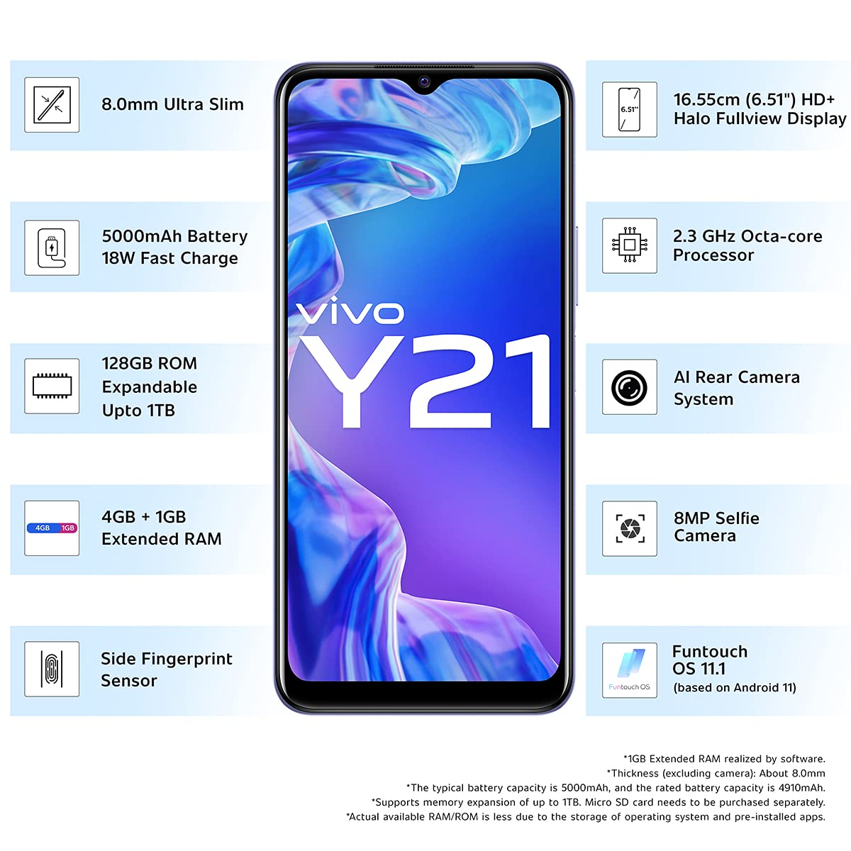 Vivo Y21 (Diamond Glow, 4GB RAM, 64GB Storage) with No Cost EMI/Additional Exchange Offers