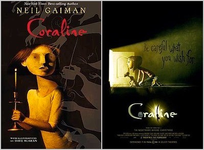 Coraline on the original book cover next to Coraline with Cat on the movie poster