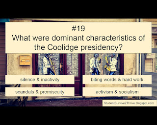 What were dominant characteristics of the Coolidge presidency? Answer choices include: silence & inactivity, biting words & hard work, scandals & promiscuity, activism & socialism