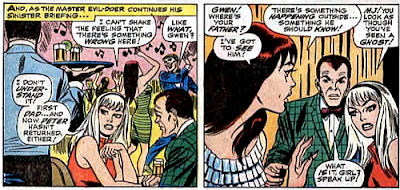 Amazing Spider-Man #60, don heck, john romita, at the club, mary jane is perturbed and tells harry osborn and gwen stacy about the fight behind the scenes