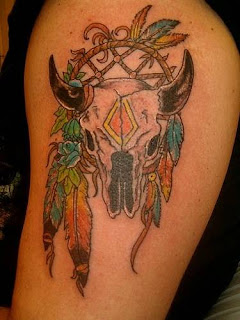 Bull Skull and Feathers Tattoo Design