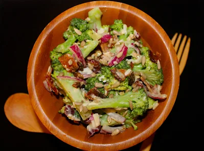 Bowl of broccoli salad.