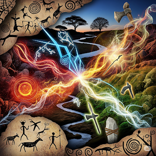 Abstract image symbolizing the evolutionary roots of human thought. It features a blend of primal elements like ancient cave art figures, tribal symbols, and natural landscapes, intertwined with glowing, multi-colored energy flows representing different cognitive processes: sharp blue (logic), warm red/orange (emotion), earthy green/brown (sensation), and ethereal yellow/white (intuition). Subtle ancestral tools are integrated, emphasizing human adaptation and cognitive diversity as a survival mechanism.