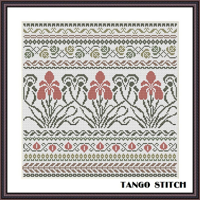 Art nouveau easy cross stitch Iris flower ornaments embroidery pattern - Tango Stitch