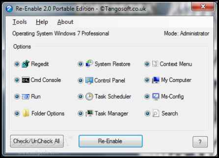 Re Enable regedit, command console "cmd", task manager, system restore and 