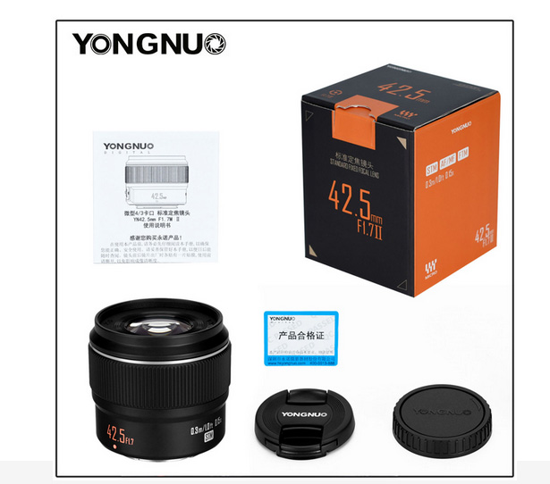 Комплектакция объектива Yongnuo YN 42.5mm f/1.7M II