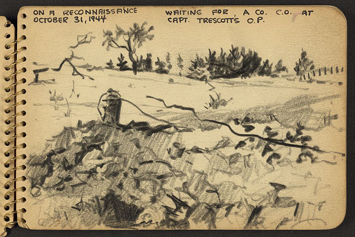 21-Year-Old WWII Soldier’s Sketchbooks Show War Through The Eyes Of An Architect - On A Reconnaissance In France. Waiting For A Co. C.O. At Capt. Trescott's O.P.