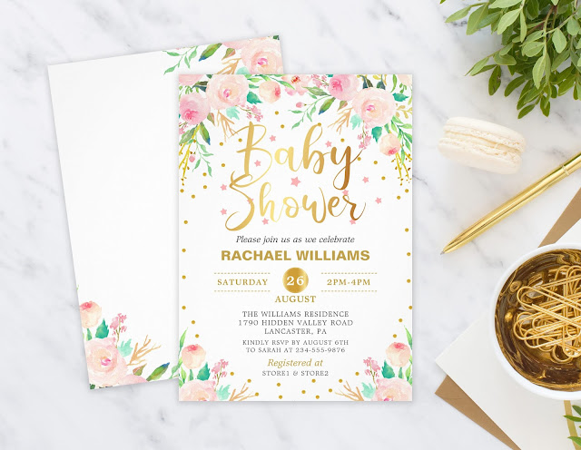  Elegant Watercolor Floral Pink & Gold Baby Shower Invitation