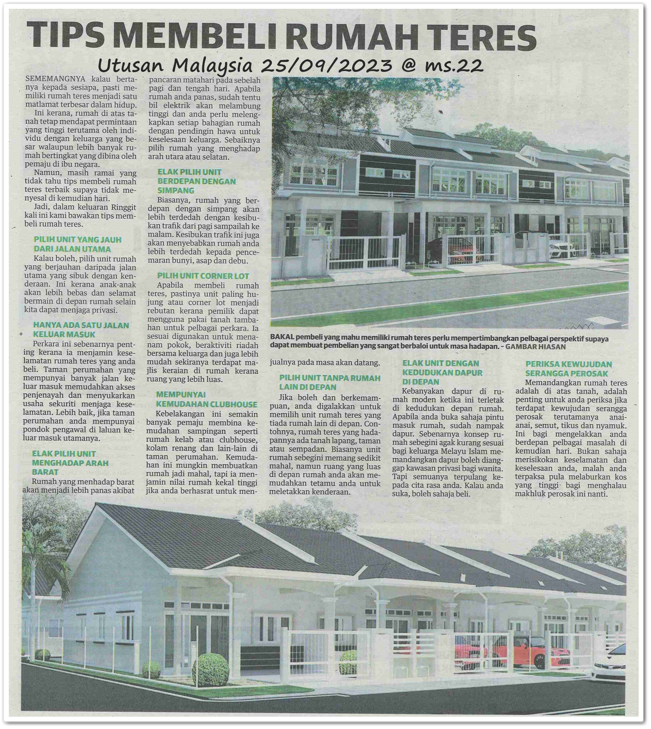 Tips membeli rumah teres - Keratan akhbar Utusan Malaysia 25 September 2023