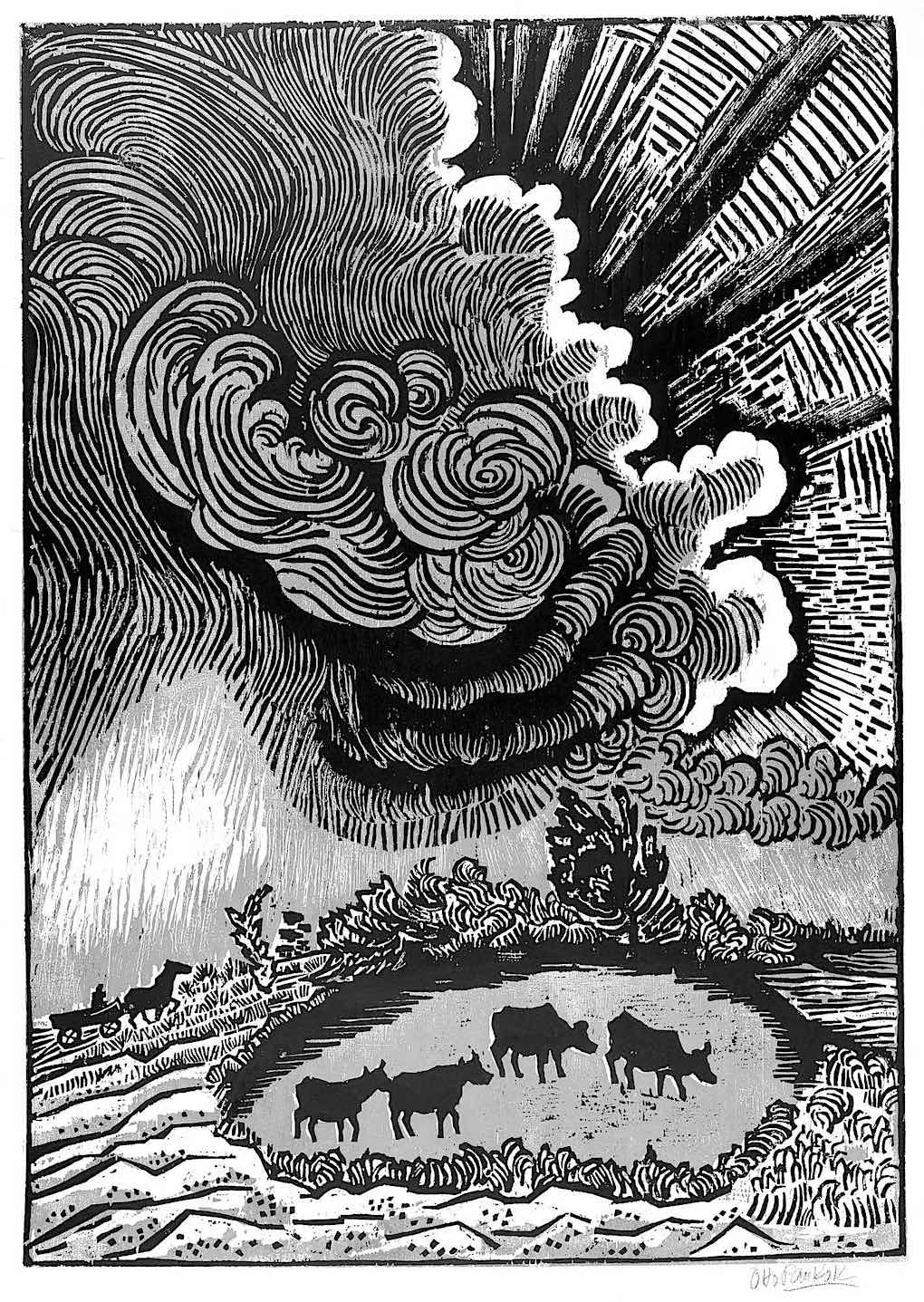 an Otto Pankok print, cattle with a big sky