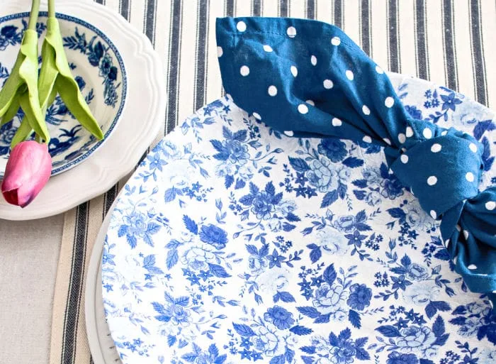 blue and white decoupage chargers