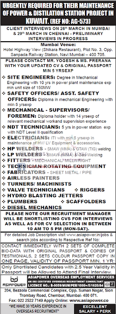 Maintenance Jobs in Power & Distilation Project in Kuwait