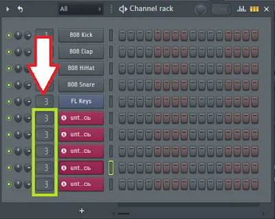 Изображение с выставлением в channel rack номеров канала микшера, на которые будет направлен сигнал от аудиофайла