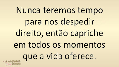 Nunca teremos tempo para nos despedir direito, então capriche em todos os momentos que a vida oferece.