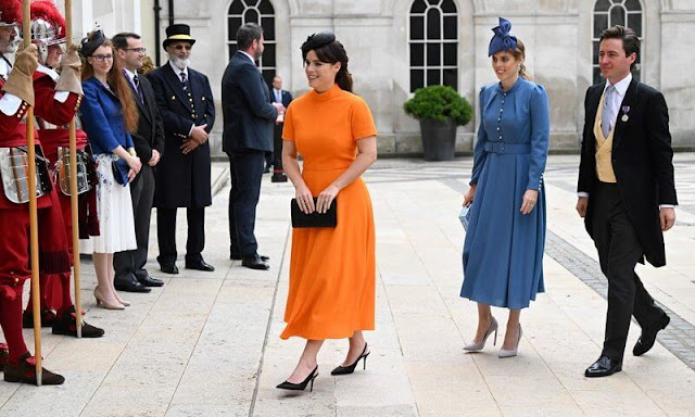 Princess Beatrice's Beulah dress, Princess Eugenie's Emilia Wickstead dress, Countess of Wessex's Suzannah dress, Kate Middleton