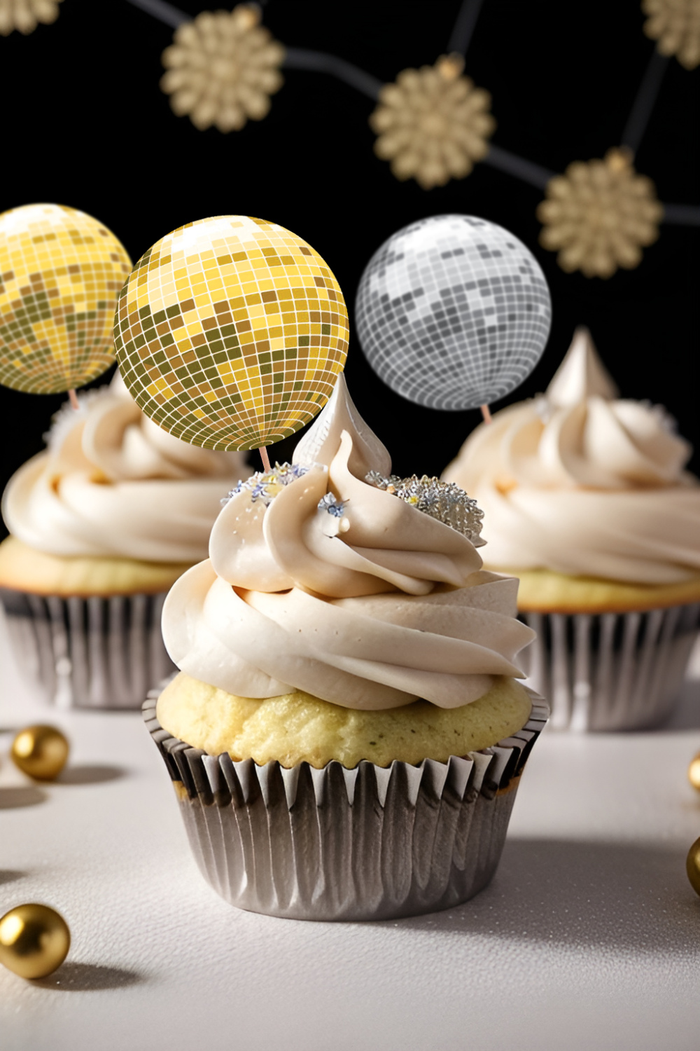 gold and silver discoball decorations on new years eve cupcakes