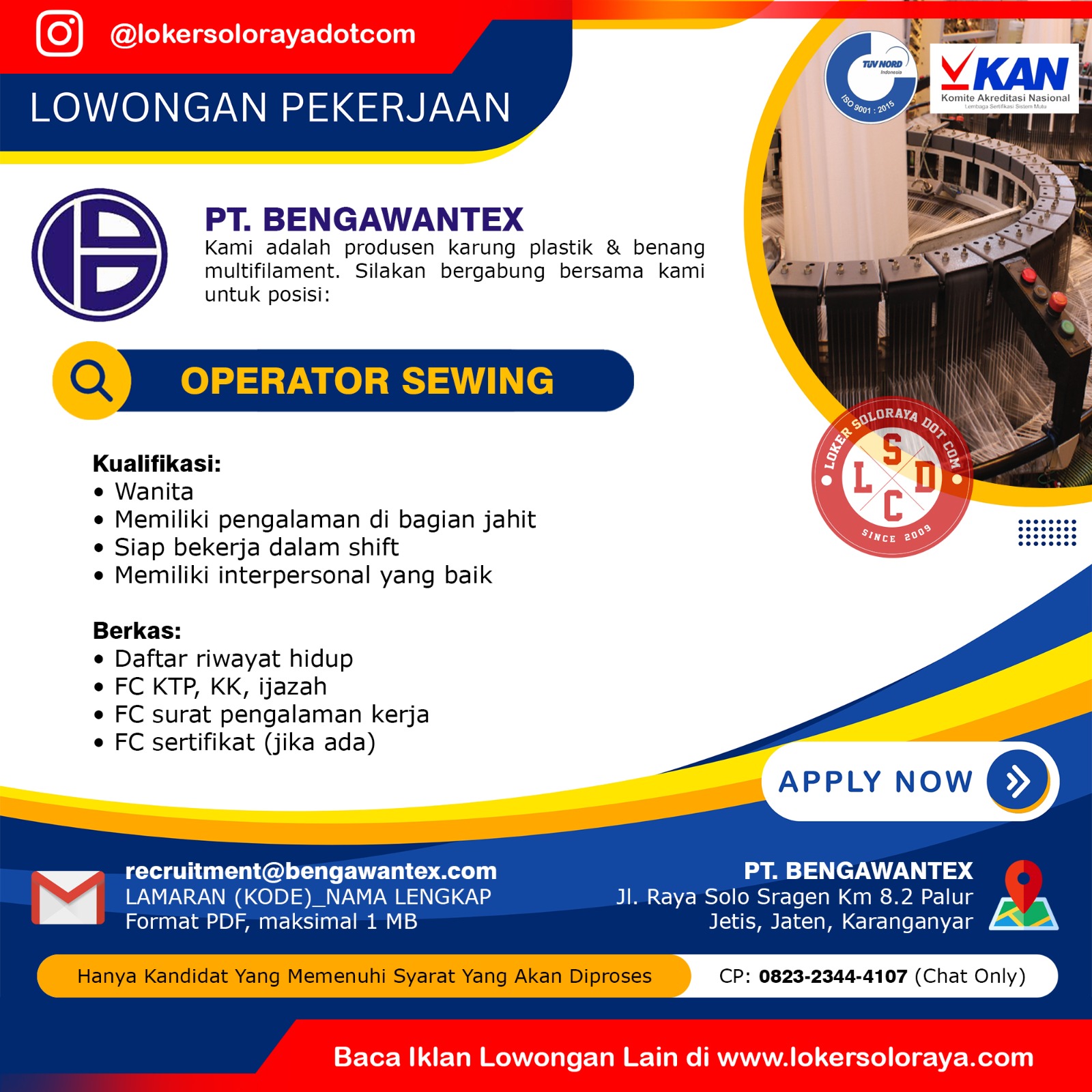 Loker Karanganyar Update untuk 1 Posisi di PT Bengawantex