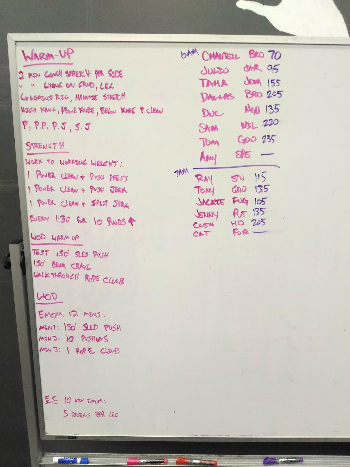 Crossfit Armoury - December 6, 2016: Power Clean Complex; WOD: EMOM -  Sleds, Push-Ups, Rope Climb