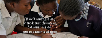 Children reading with quote by Jane Austen - It isn't what we say or think that defines us, but what we do" 