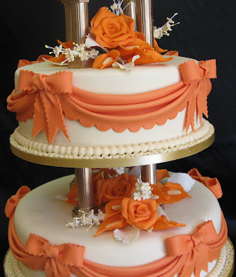 This threetier wedding cake was a request for a bride whose marriage theme