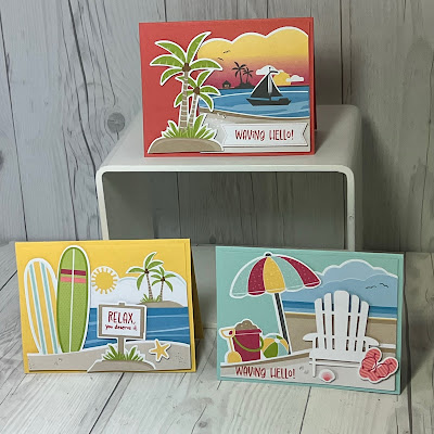 three alternative card ideas for using elements from the Fun in the Sun July 2023 Paper Pumpkin Kit