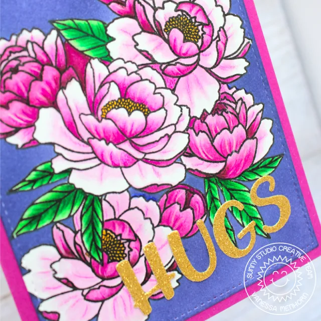 Sunny Studio Stamps: Stitched Rectangle Dies Pink Peonies Chloe Alphabet Dies Hugs Card by Vanessa Menhorn