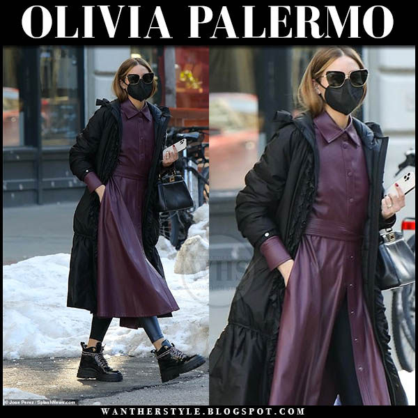 Olivia Palermo in black nylon coat and burgundy leather shirt dress