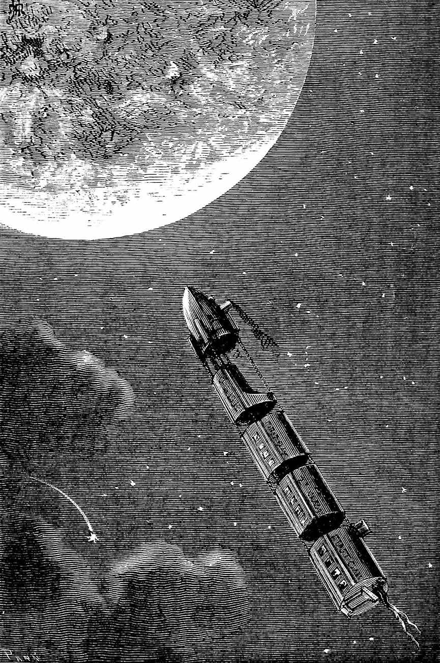 an 1874 commuter rocket train to the moon, an illustration for Jules Verne?