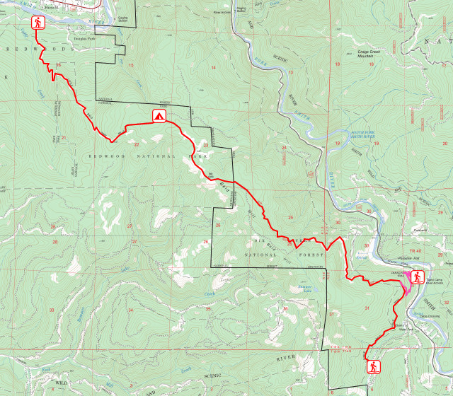 Forest Service map with Little Bald Hills Trail highlighted in red, the camp marked, and Paradise Trail in pink.