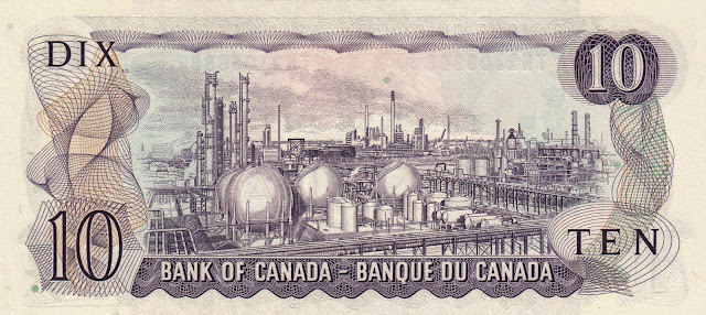 Canada money currency 10 Dollar Note 1971 Polymer Corporation oil refinery in Sarnia, Ontario