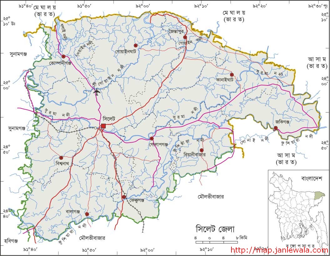 সিলেট জেলা মানচিত্র, সিলেট বিভাগ, বাংলাদেশ