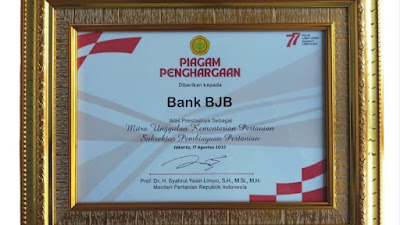 Tingkatkan Kesejahteraan Pelaku Sektor Pertanian, bank bjb Raih Penghargaan Kementan RI