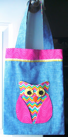 Tote bag with Owl pocket designed for an Operation Christmas Child shoebox.