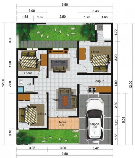 contoh Sketsa denah Rumah Minimalis 1 lantai ukuran 6x12 