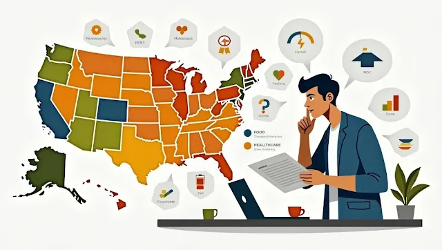 Map of the United States color-coded by cost of living, with a young professional comparing salaries needed to live comfortably in different states