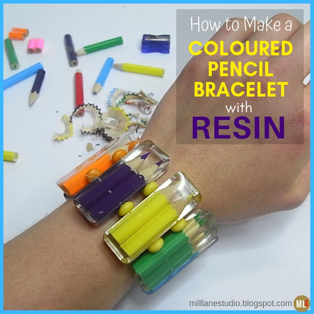 Colourful pencils embedded in a resin bracelet