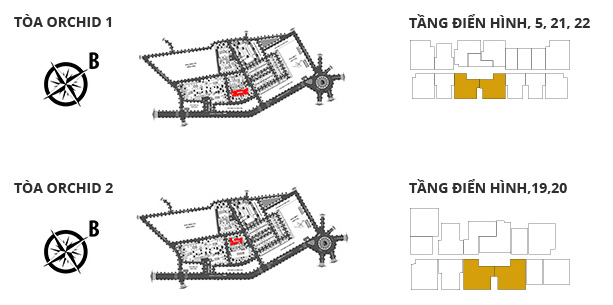 Vị trí các tòa tháp, các tầng có căn hộ 2 phòng ngủ DT: 98,56m2