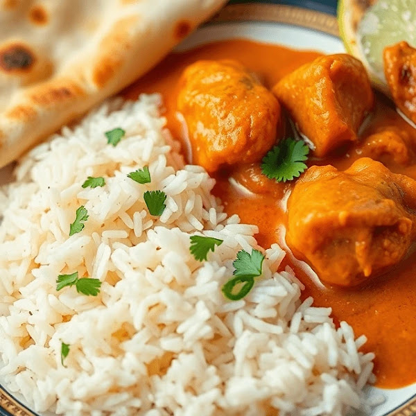 Butter Chicken with basmati rice and naan bread, garnished with fresh coriander.