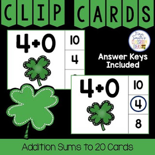 Addition Sums to 20 Clip Cards Shamrock Themed