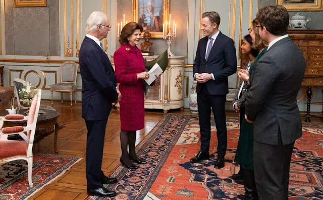 Queen Silvia wore a red pink tweed jacket, dress set by Chanel. Queen Silvia turns 80 on Saturday 23 December