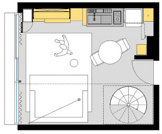 Plano de una vivienda en una sola habitación 