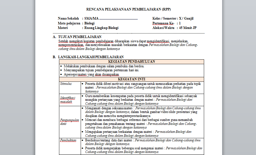 RPP 1 Lembar Biologi Kelas 10 Semester 1 & 2 - Harian Madrasah