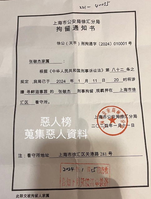 上海公民张敏杰因言获罪遭刑事拘留
