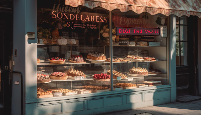 desserts shop storefront with a scrolling LED sign promoting b1g1 red velvet cupcakes