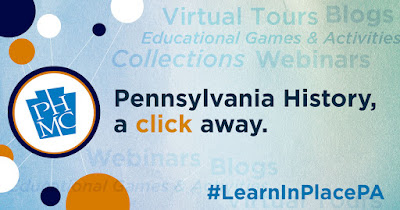 PHMC logo in a circle with other colored circles randomly placed. Text reads: Pennsylvania History, a click away. #LearnInPlacePA