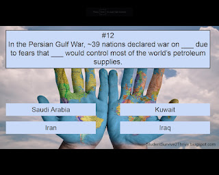 In the Persian Gulf War, ~39 nations declared war on ___ due to fears that it would control most of the world’s petroleum supplies. Answer choices include: Saudi Arabia, Kuwait, Iran, Iraq