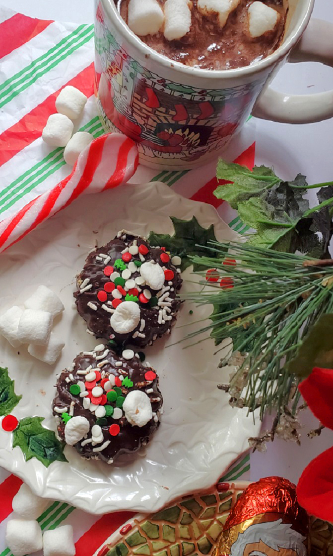 holiday plate with chocolate cookies and cocoa