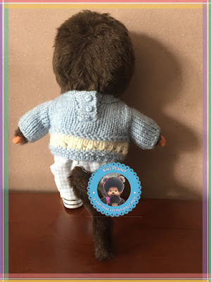 Pull ajouré bleu et blanc pour Kiki ou Monchhichi - tricot -fait main - handmade - lainage - vêtement