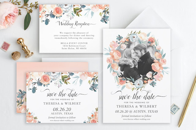  Watercolor Rustic Peach Floral Wedding Invitation Set