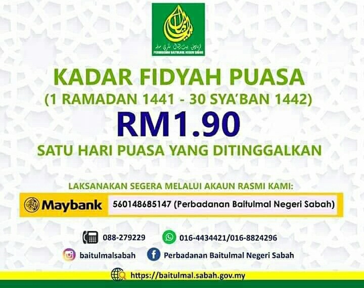Kadar Fidyah Puasa Bagi Negeri Sabah 1441h 1442h